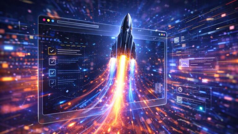 Header-Bild: Futuristische Rakete startet aus einem Webbrowser-Fenster, umgeben von leuchtenden Datennetzwerken und Checkpoint-Symbolen. Symbolisiert den Website-Launch. Energiegeladener und innovativer Stil.