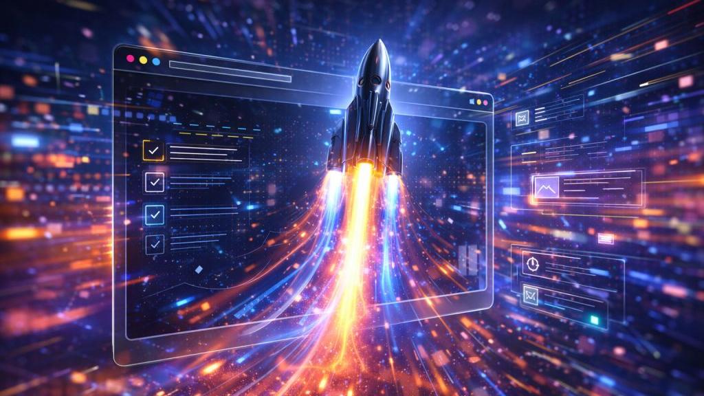 Header-Bild: Futuristische Rakete startet aus einem Webbrowser-Fenster, umgeben von leuchtenden Datennetzwerken und Checkpoint-Symbolen. Symbolisiert den Website-Launch. Energiegeladener und innovativer Stil.