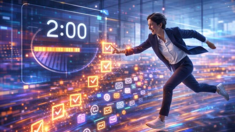 Eine energiegeladene junge Berufstätige, die im Home Office die 2-Minuten-Regel anwendet, um Prokrastination zu überwinden und seine Produktivität schnell zu steigern, visualisiert durch Lichtspuren und erledigte Aufgaben.